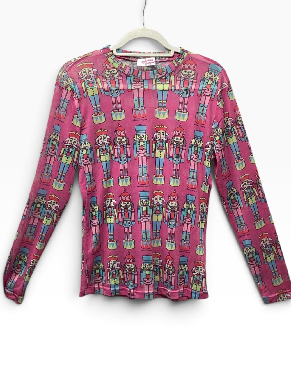 Bohemian Cowgirl mesh top Nutcracker Holiday print in pink multi Size Large